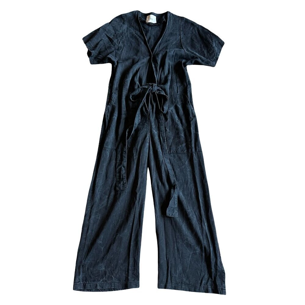 Loup Short Sleeve Jumpsuit Black Grey Cutout Belted Waist Wide Leg Size XS Women